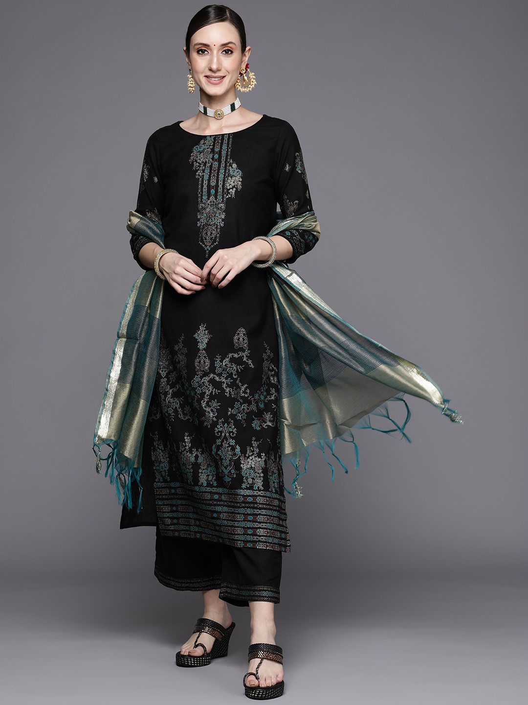 

Indo Era Women Black Ethnic Motifs Printed Foil Kurta with Palazzos & Dupatta
