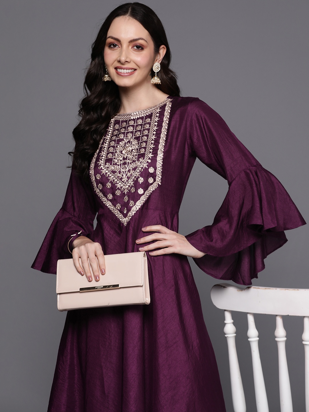 

Indo Era Floral Embroidered Bell Sleeve Maxi Dress, Burgundy