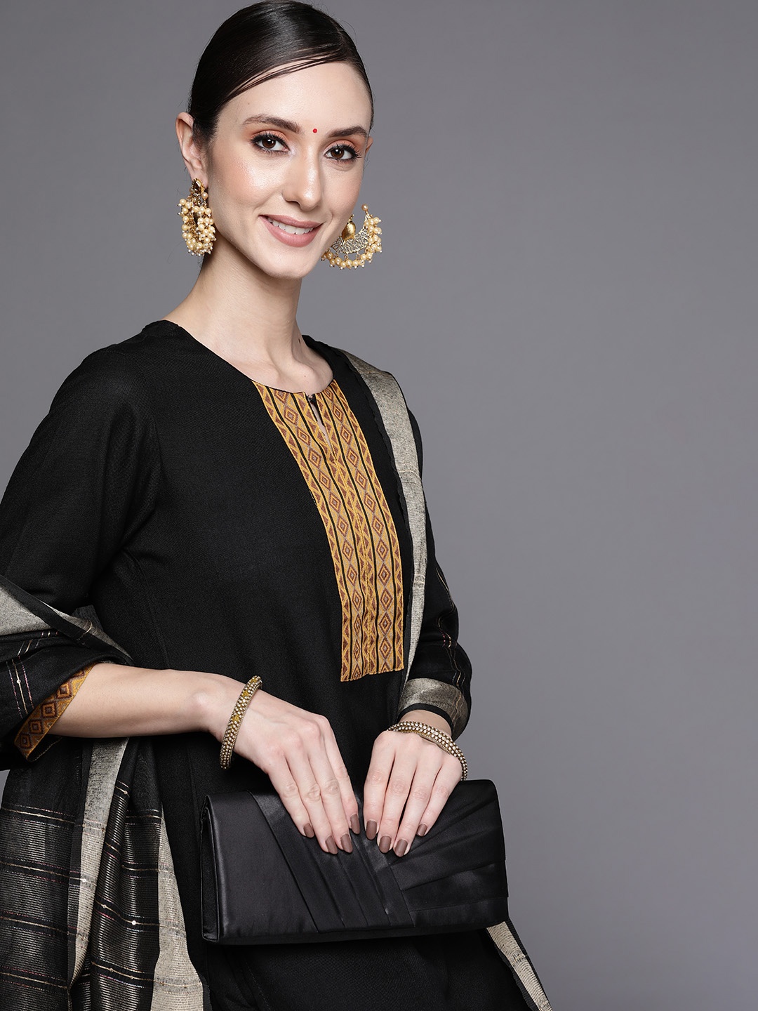 

Indo Era Women Black Ethnic Motifs Yoke Design Kurta with Palazzos & Dupatta