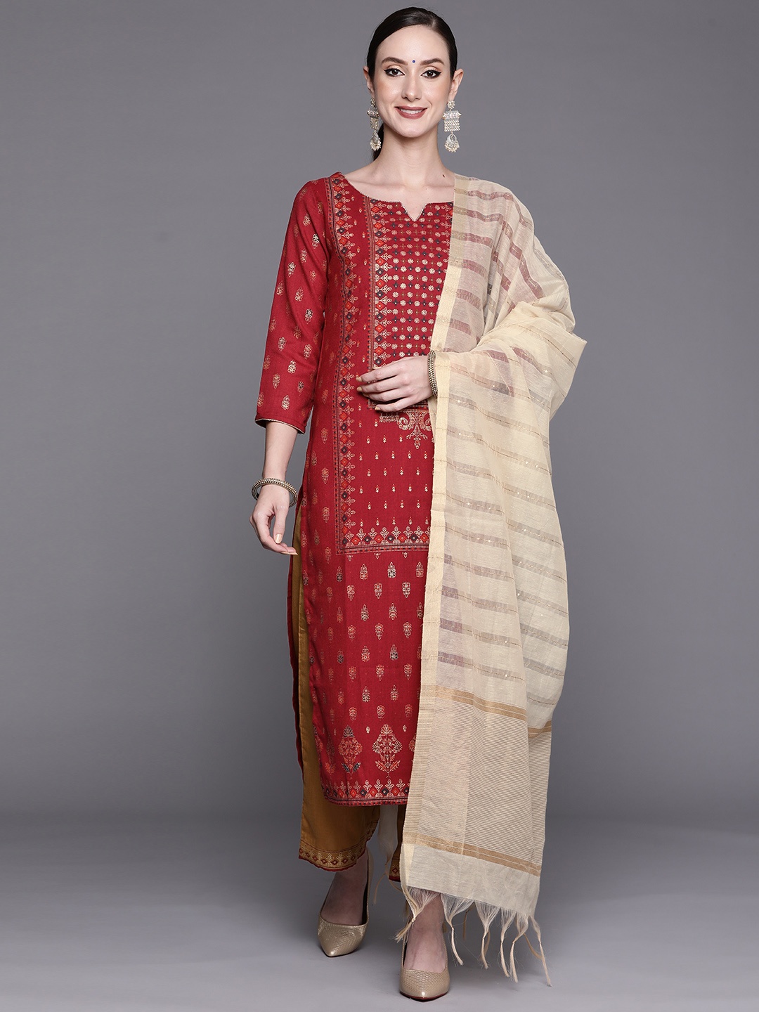 

Indo Era Women Maroon Ethnic Motifs Printed Kurta with Palazzos & With Dupatta