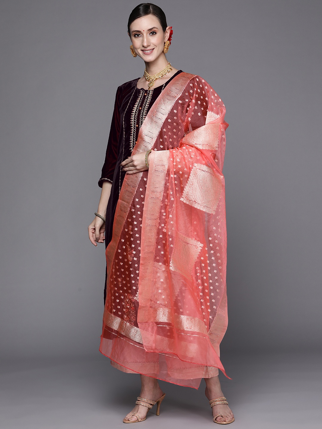 

Indo Era Women Maroon Ethnic Motifs Embroidered Velvet Kurta with Palazzos & Dupatta