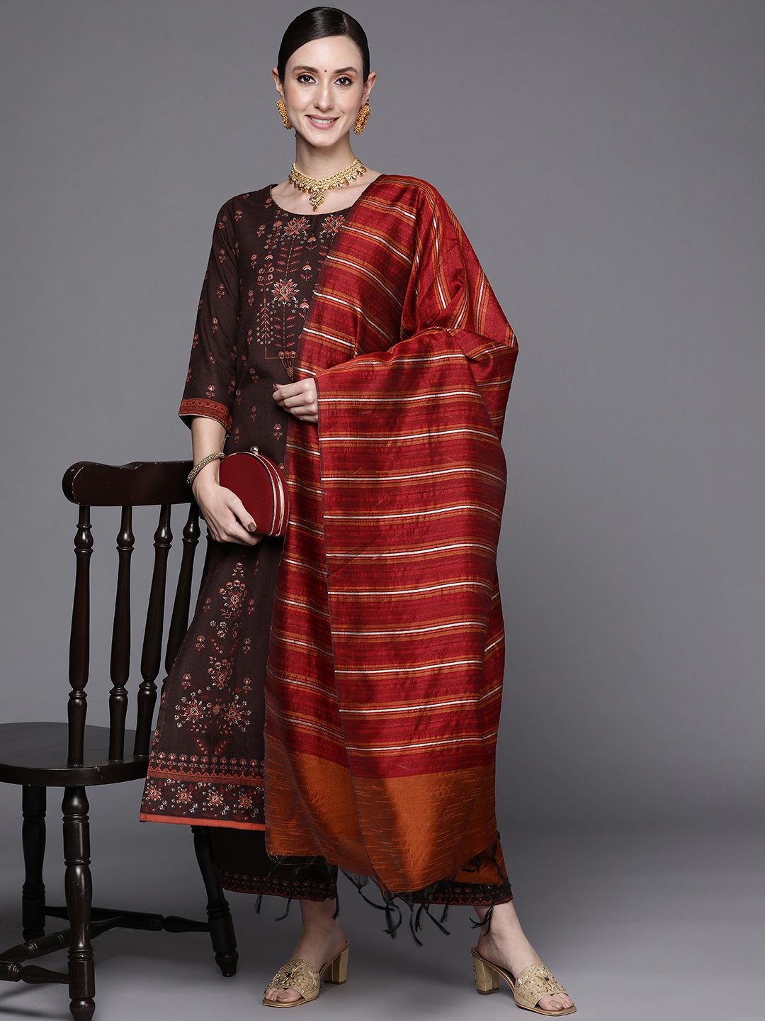 

Indo Era Women Brown Ethnic Motifs Printed Foil Kurta with Palazzos & Dupatta