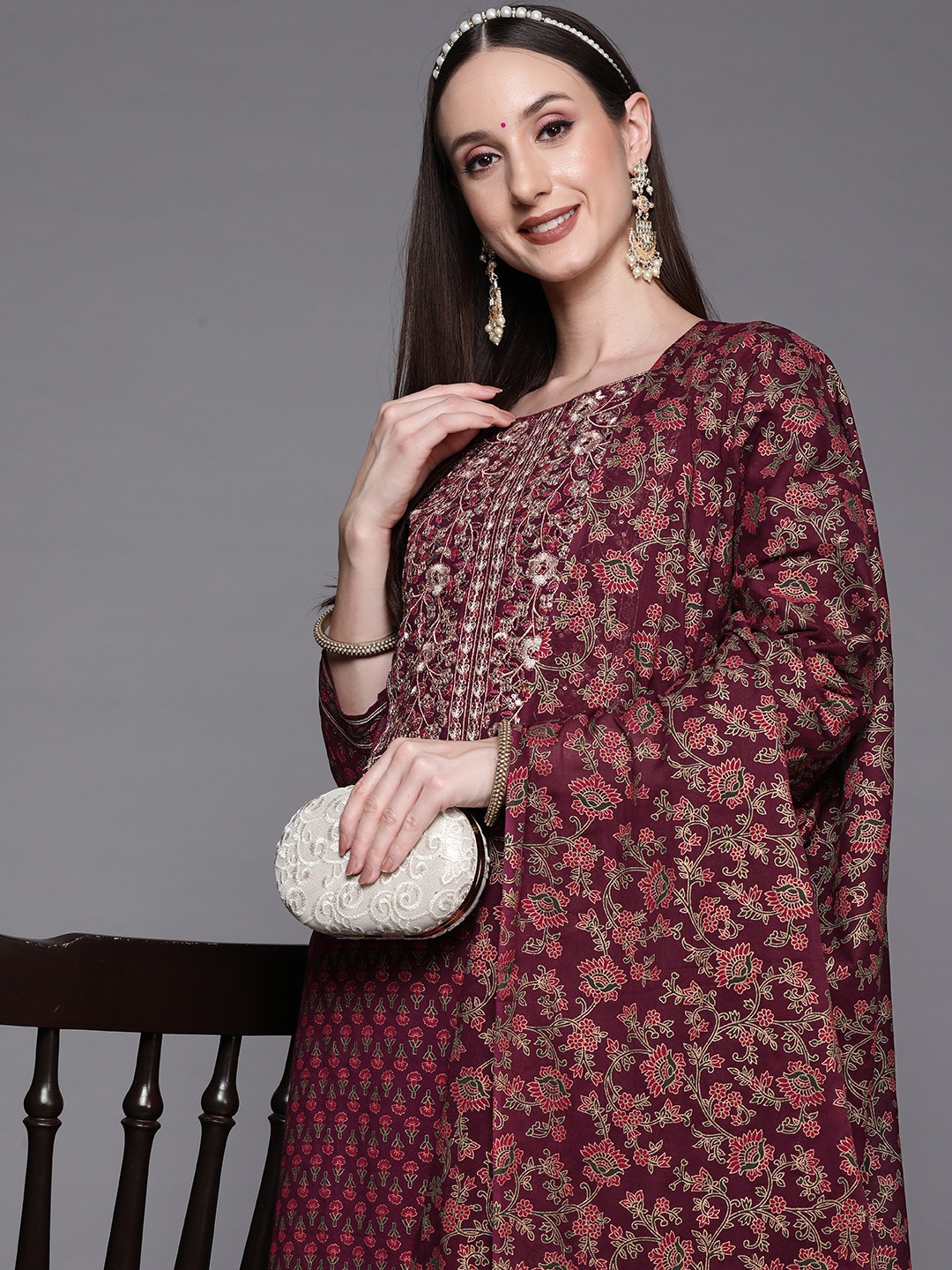 

Indo Era Women Burgundy Floral Printed Kurta with Palazzos & With Dupatta