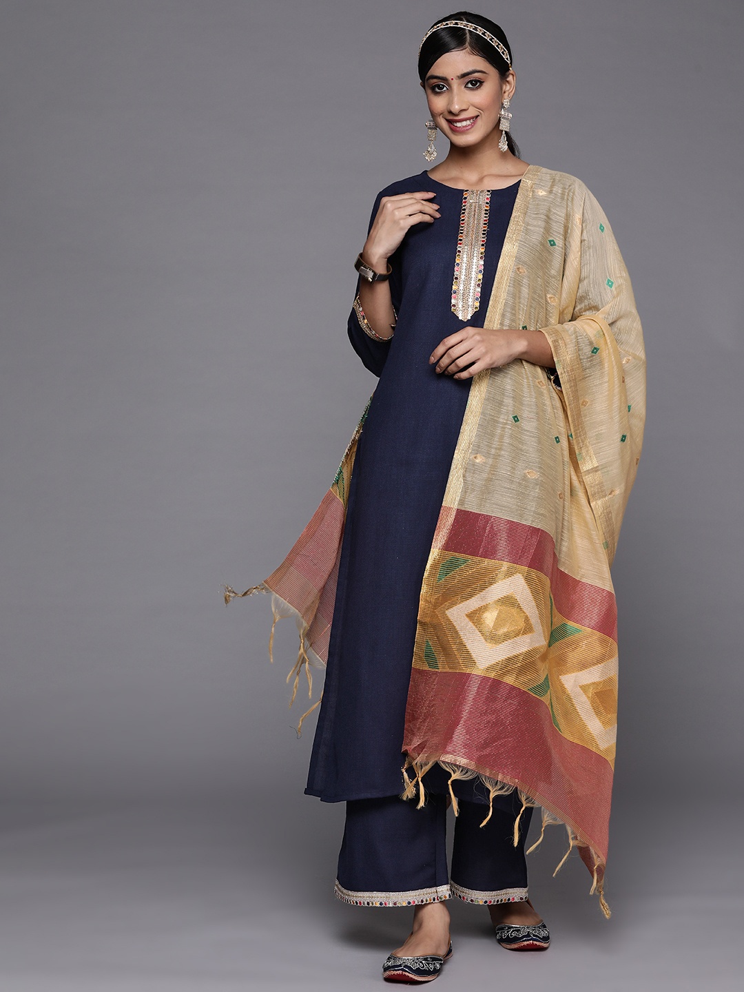 

Indo Era Women Navy Blue Yoke Design Liva Kurta with Palazzos & Dupatta