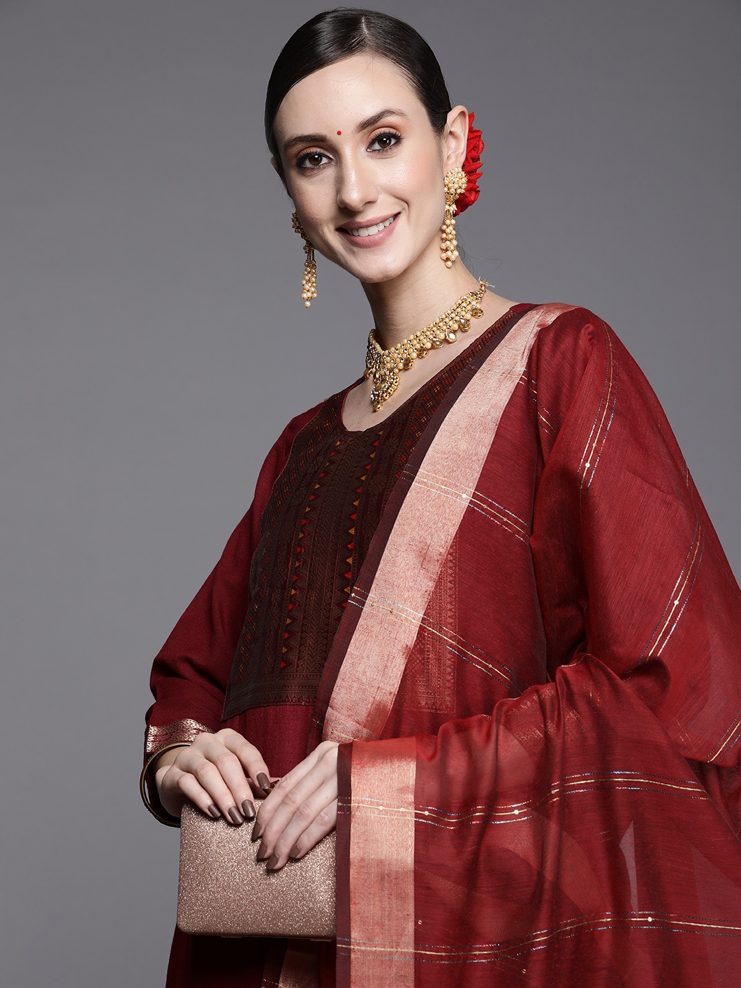 

Indo Era Women Maroon Ethnic Motifs Yoke Design Kurta with Palazzos & Dupatta