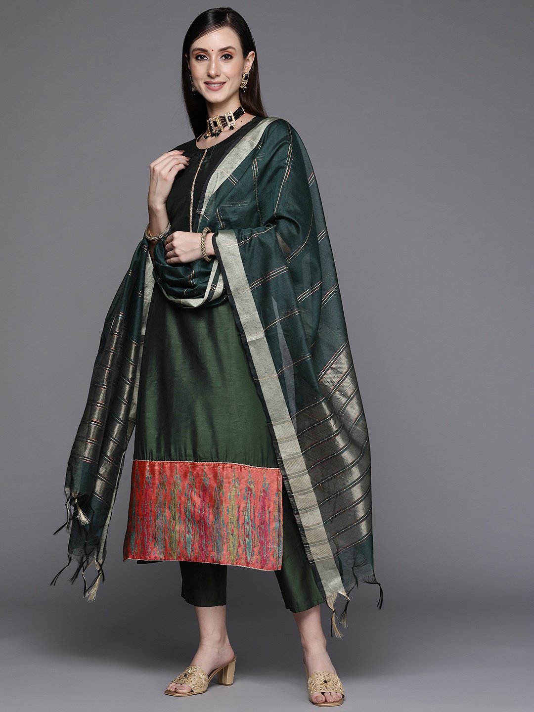 

Indo Era Women Green Kurta with Trousers & With Dupatta