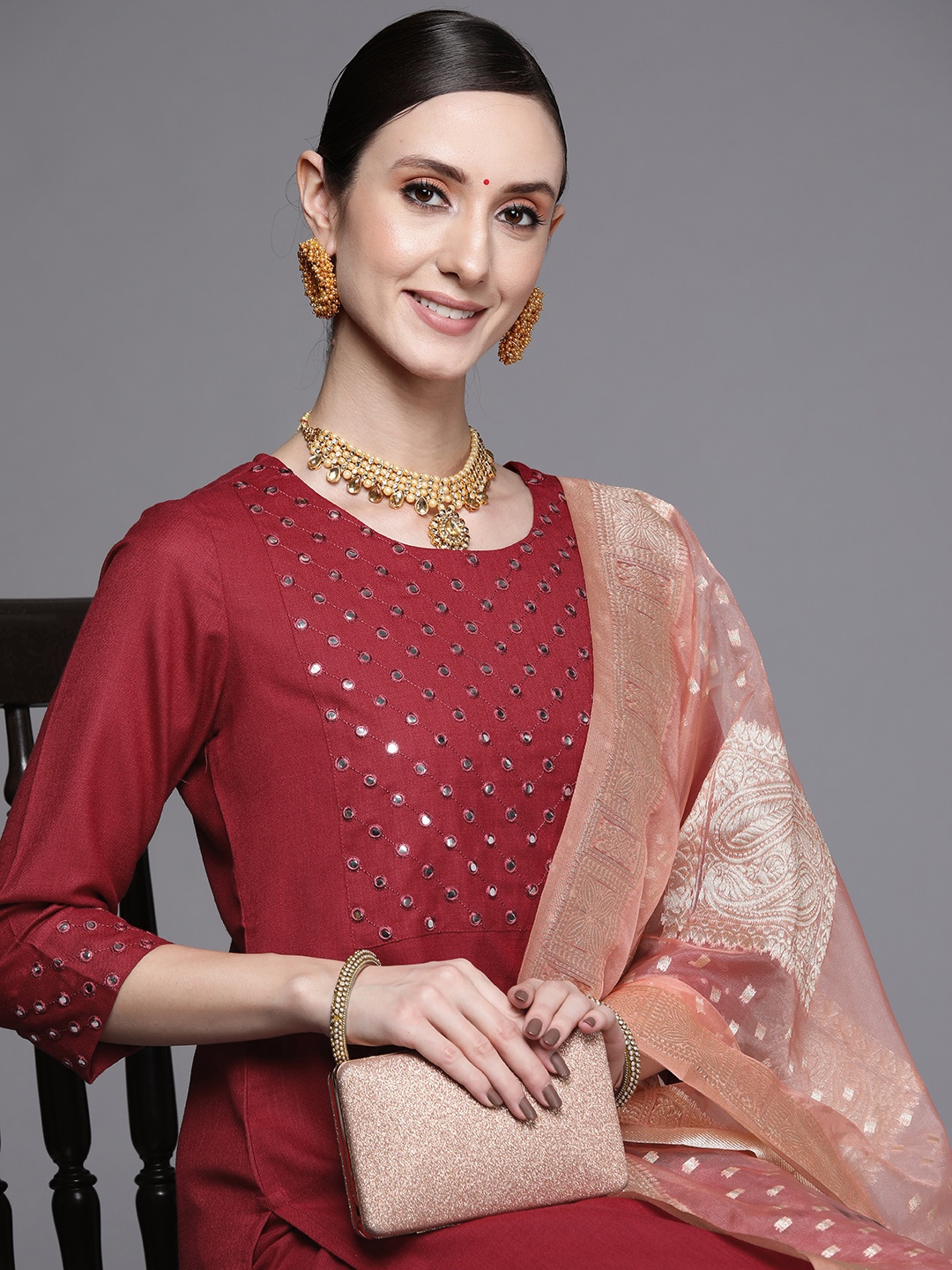 

Indo Era Women Maroon Yoke Design Mirror Work Kurta with Palazzos & Dupatta