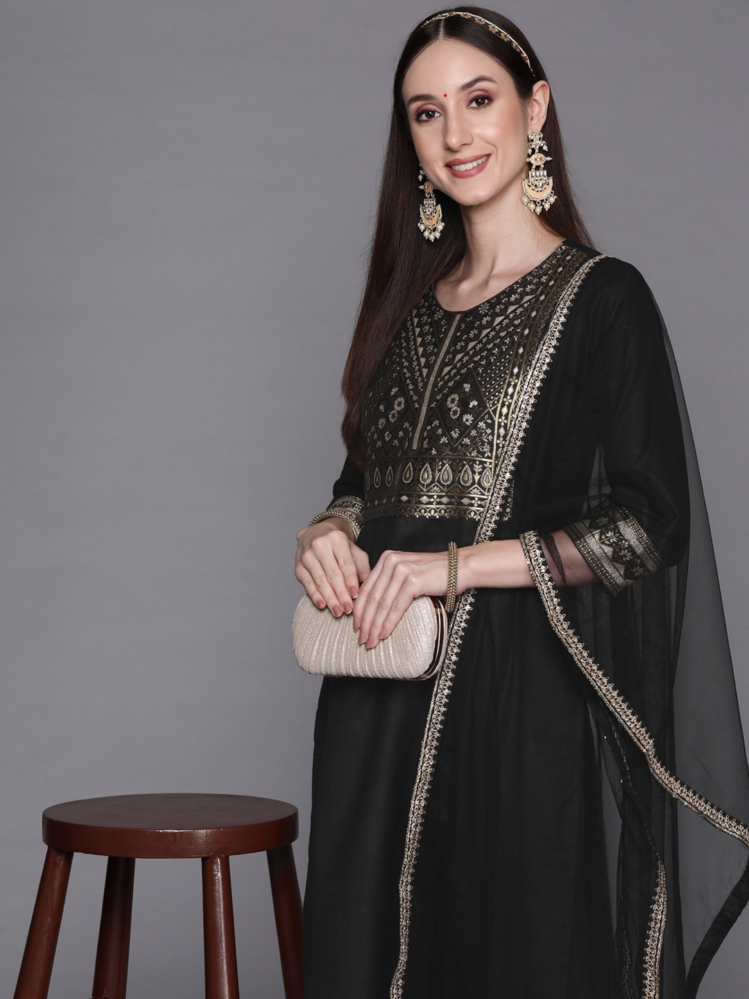 

Indo Era Women Black Yoke Design Kurta with Palazzos & With Dupatta