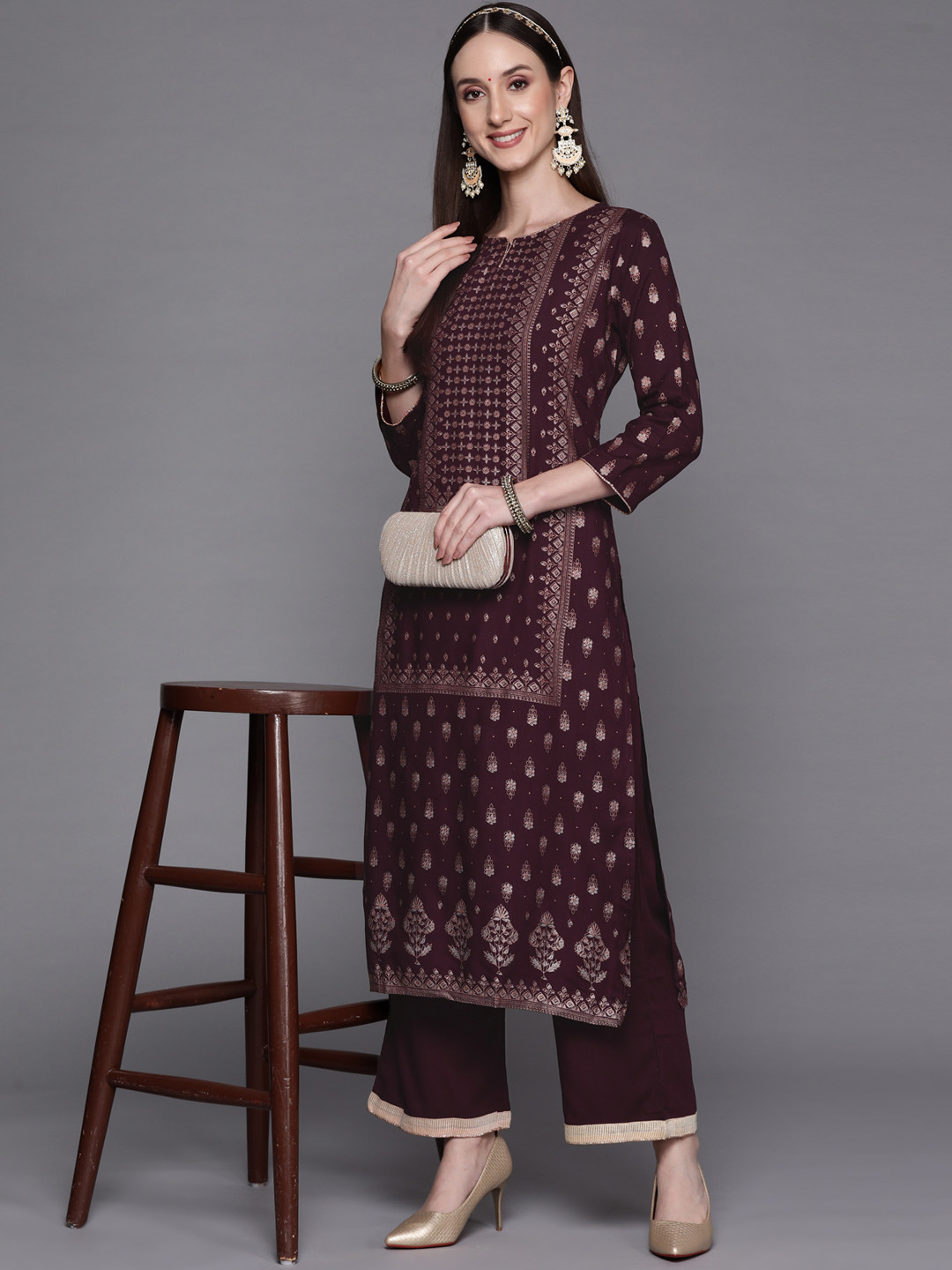 

Indo Era Women Maroon Printed Kurta with Palazzos