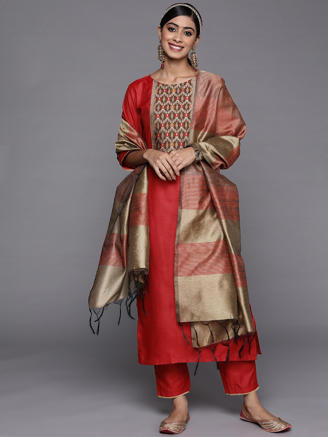 

Indo Era Women Red Ethnic Motifs Yoke Design Liva Kurta with Trousers & Dupatta