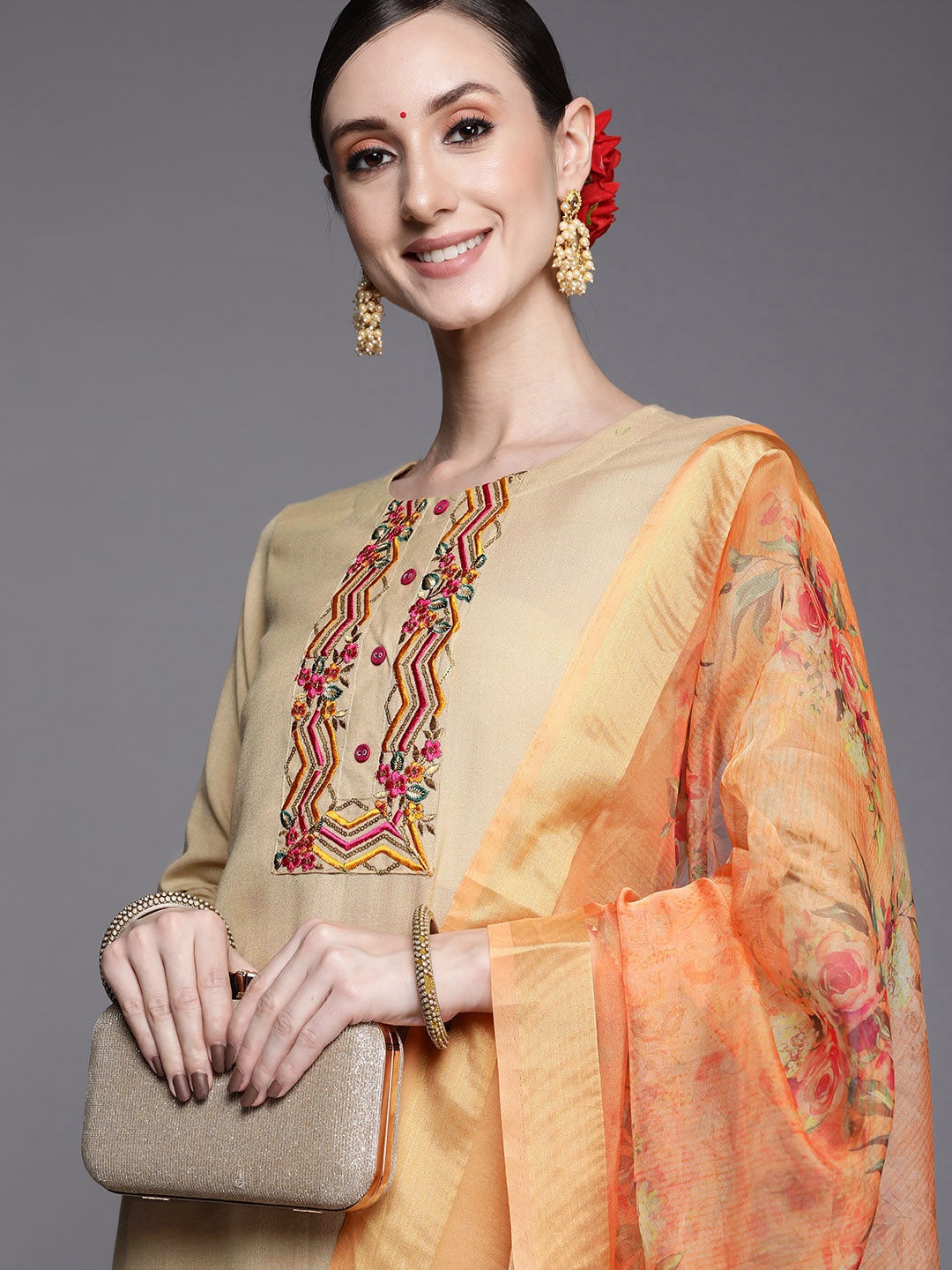 

Indo Era Women Beige Yoke Design Kurta with Palazzos & Dupatta