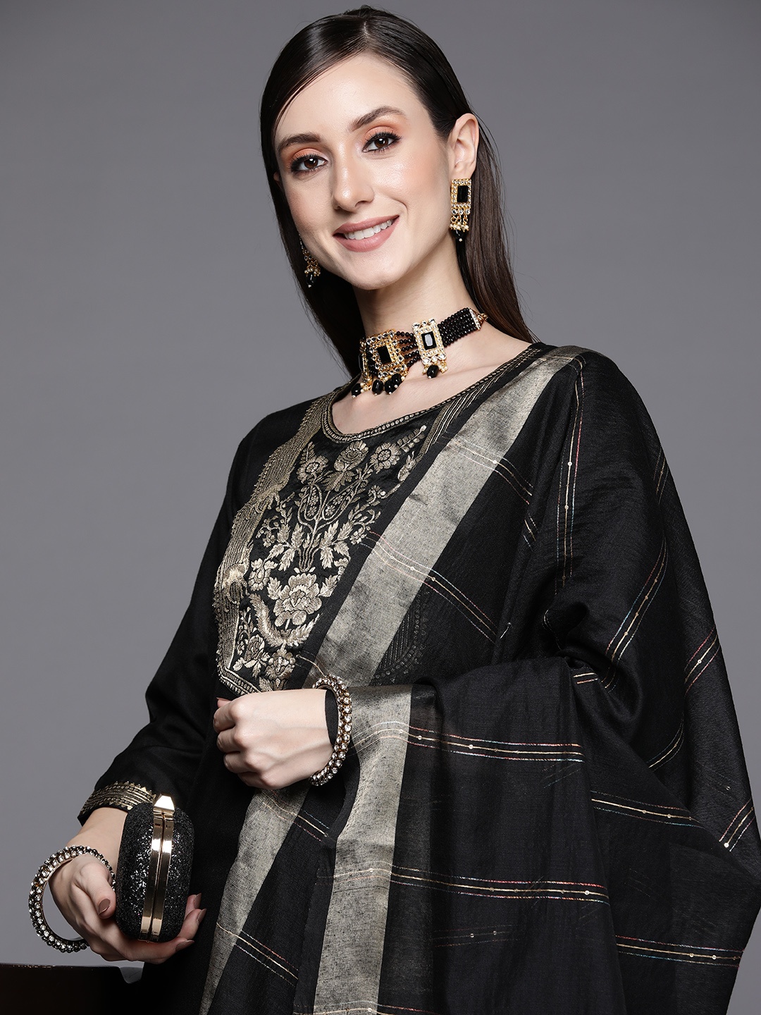 

Indo Era Women Black Ethnic Motifs Yoke Design Kurta with Palazzos & Dupatta