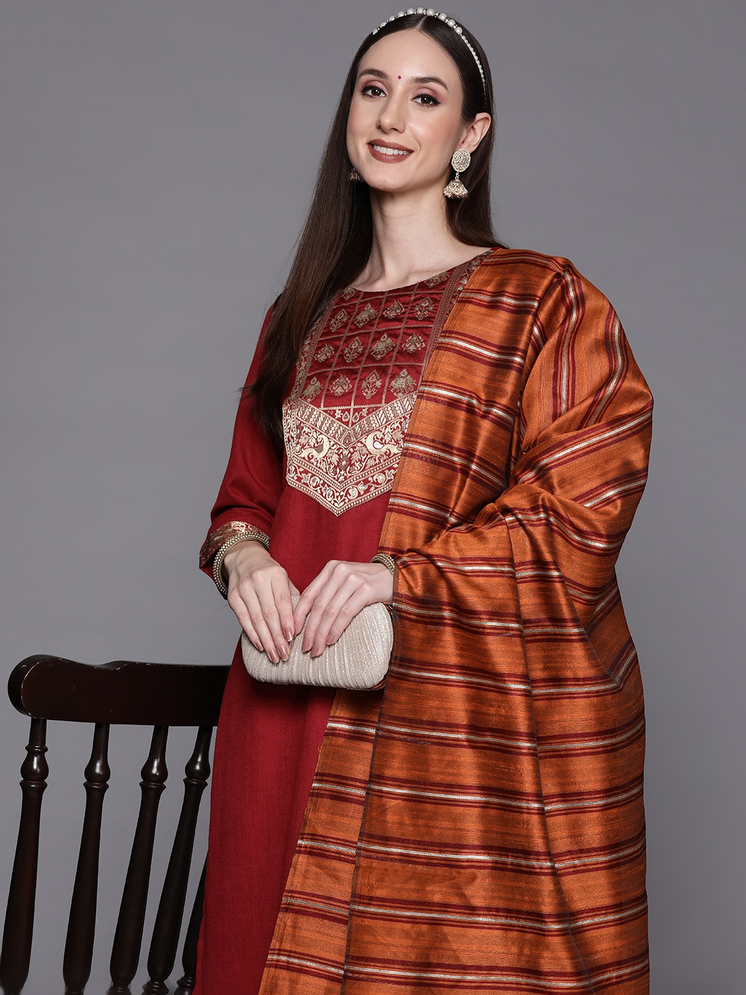 

Indo Era Women Maroon Yoke Design Kurta with Palazzos & Dupatta