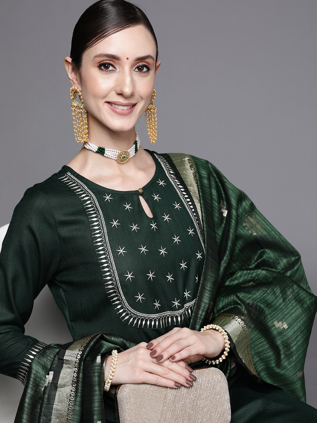 

Indo Era Women Green Ethnic Motifs Yoke Design Kurta with Trousers & Dupatta