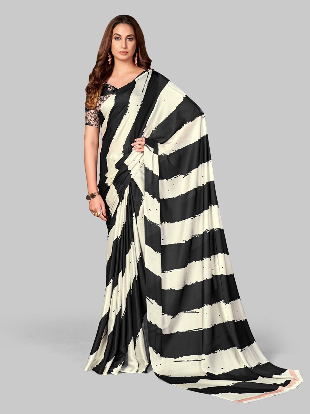 

7TH FAB Black & Off White Striped Satin Saree