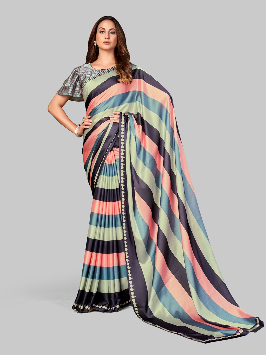

7TH FAB Pink & Black Striped Satin Saree