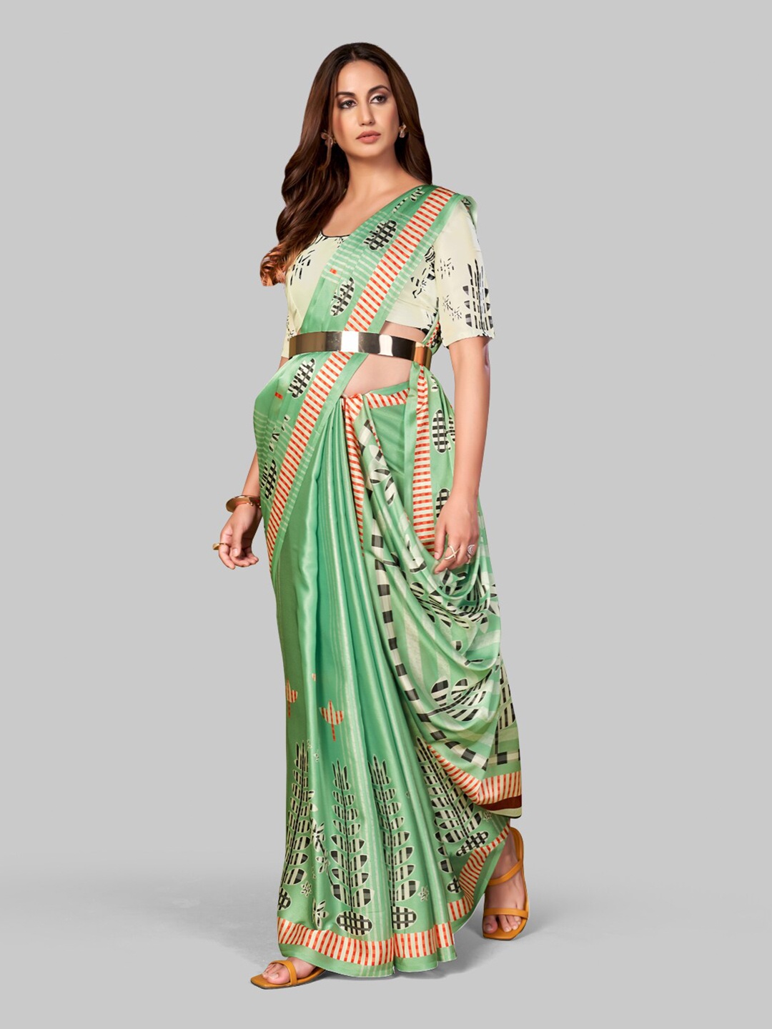

7TH FAB Green & Red Floral Satin Saree