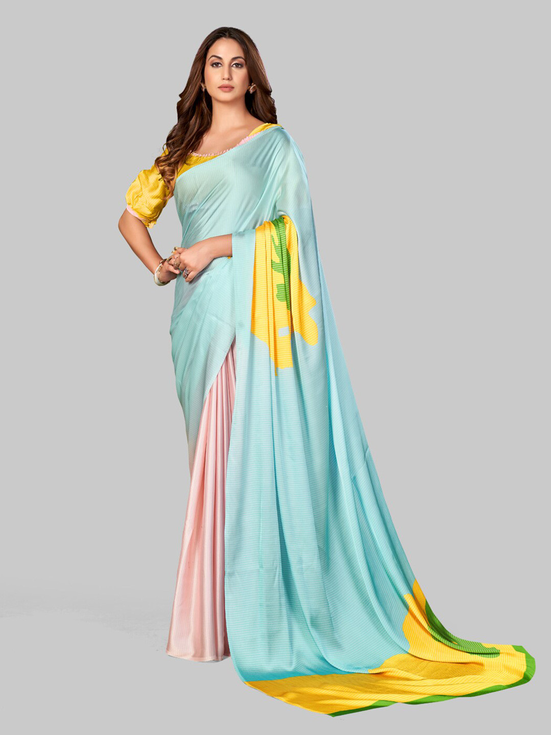 

7TH FAB Blue & Green Satin Georgette Saree