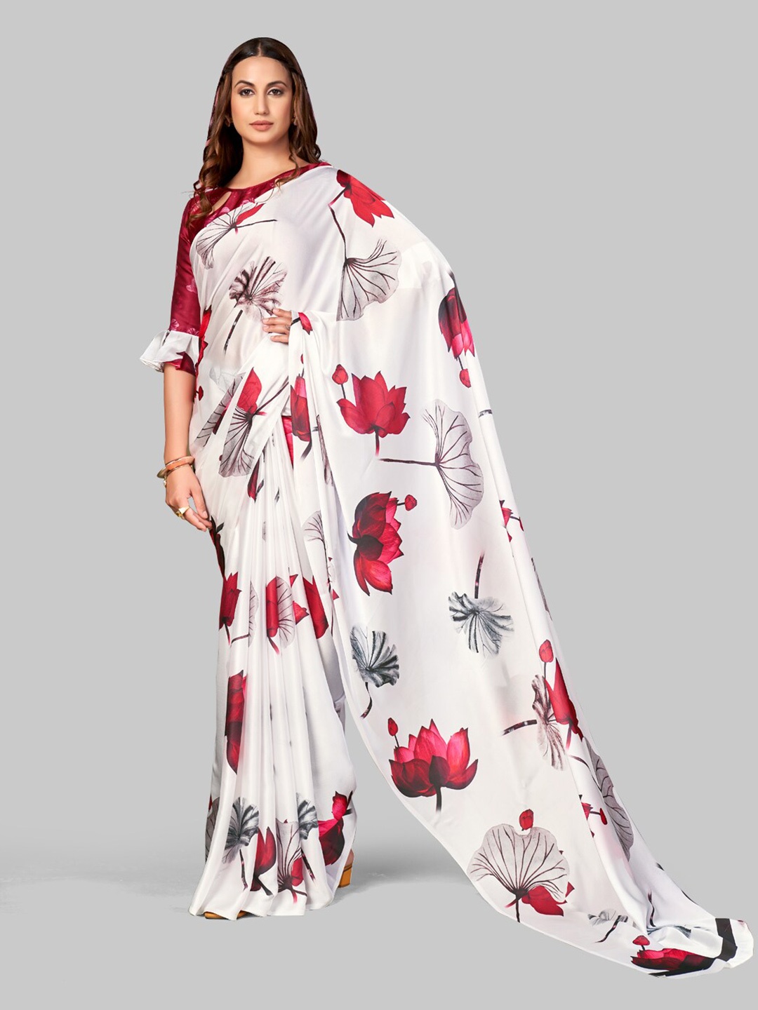 

7TH FAB White & Red Floral Printed Satin Saree With Unstitched Blouse Piece
