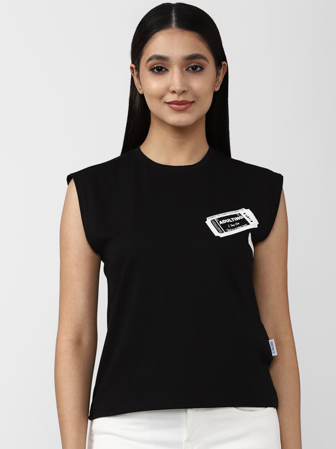 

FOREVER 21 Printed Detail Top, Black