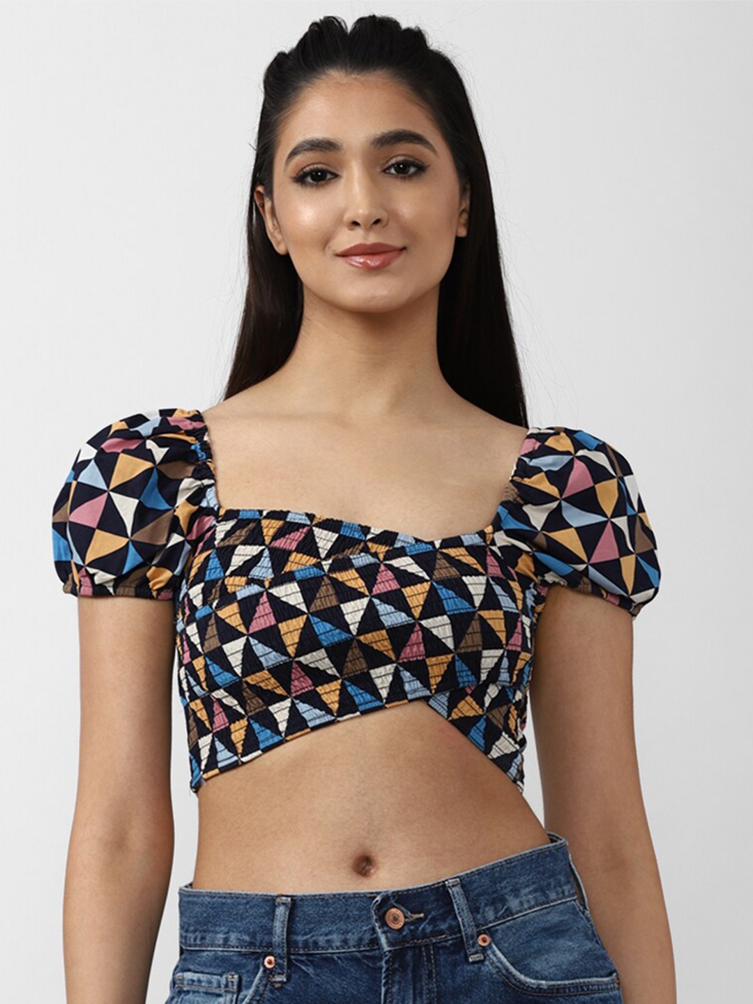 

FOREVER 21 Women Black & Blue Geometric Print Bralette Crop Top