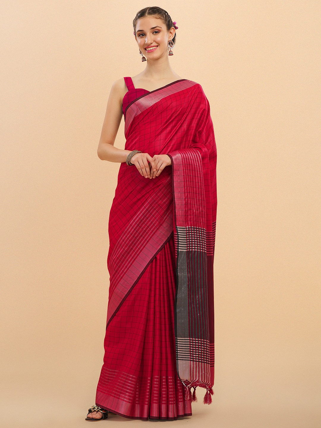 

DITISA FASHION Red & Grey Checked Zari Linen Blend Block Print Saree