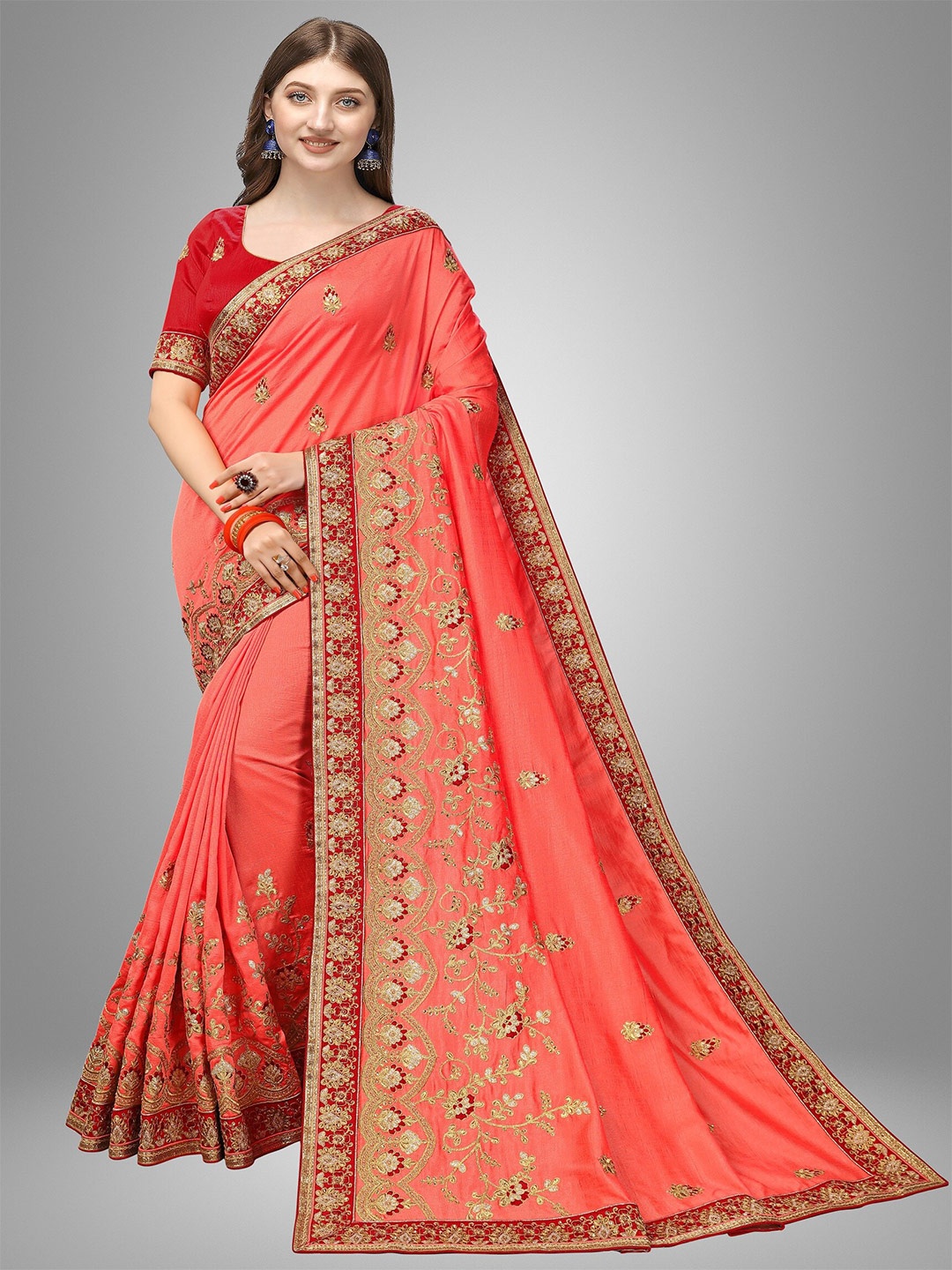 

Trendmalls Peach-Coloured & Gold-Toned Floral Embroidered Satin Mysore Silk Saree