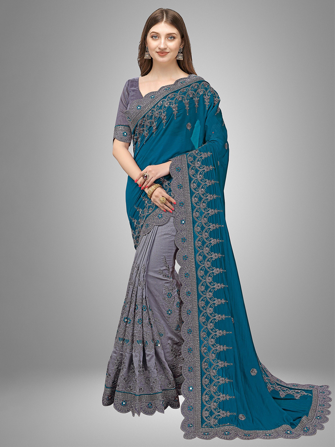 

Trendmalls Sea Green & Grey Floral Embroidered Pure Mysore Silk Saree