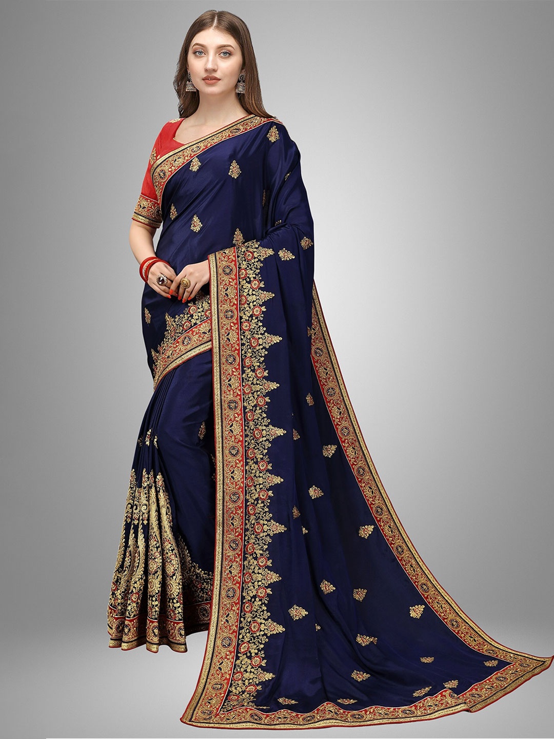 

Trendmalls Blue & Red Floral Embroidered Pure Silk Mysore Silk Saree