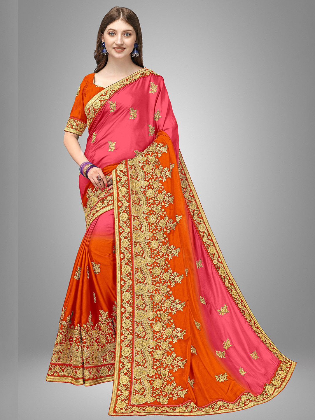 

Trendmalls Orange & Gold-Toned Floral Zari Pure Silk Heavy Work Mysore Silk Saree