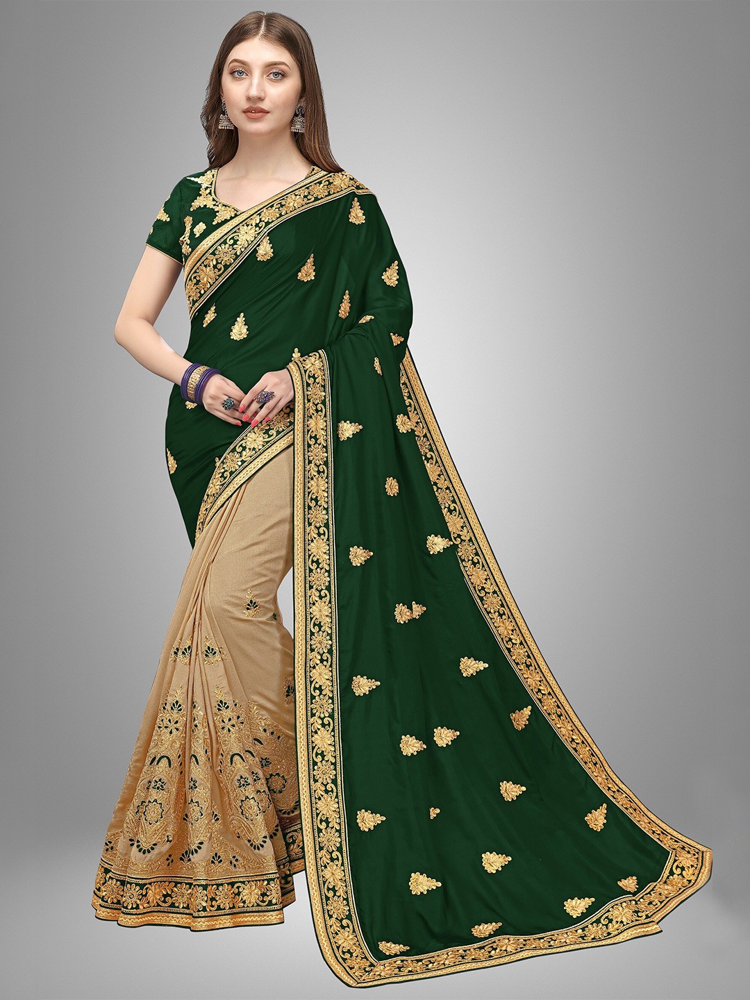 

Trendmalls Green & Gold-Toned Floral Embroidered Pure Silk Mysore Silk Saree