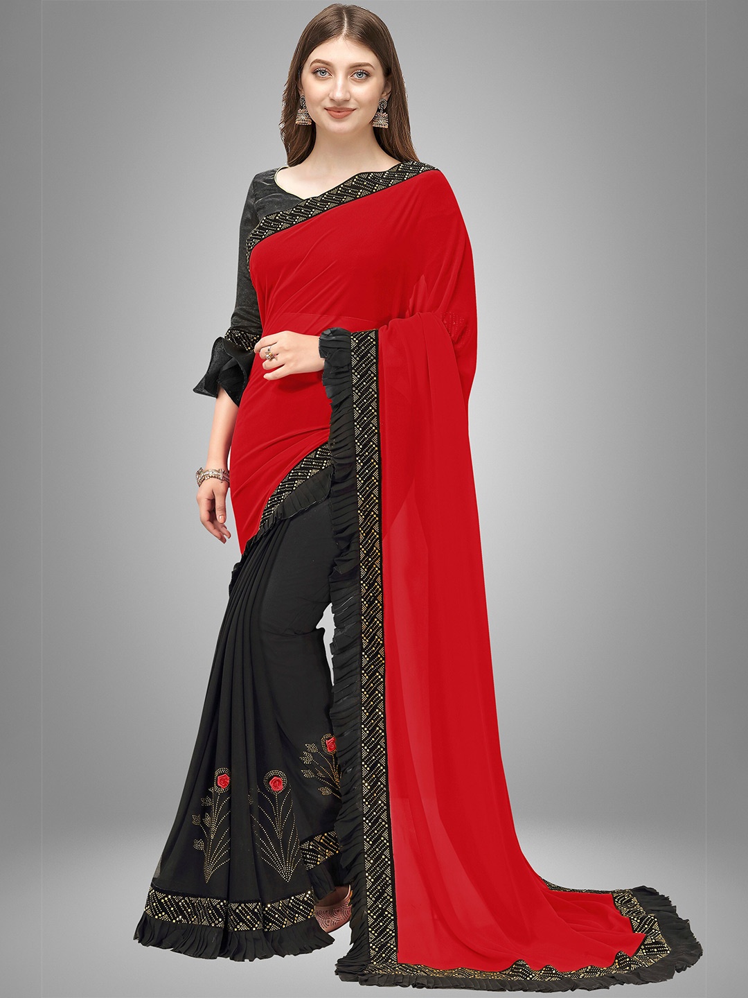 

Trendmalls Red & Black Floral Saree