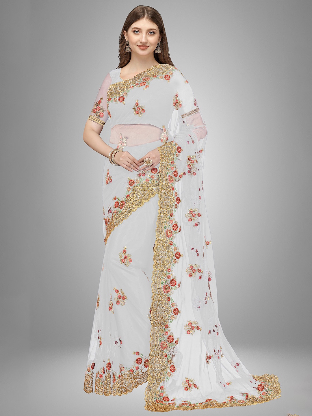 

Trendmalls Women Off White & Orange Floral Embroidered Net Mysore Silk Saree