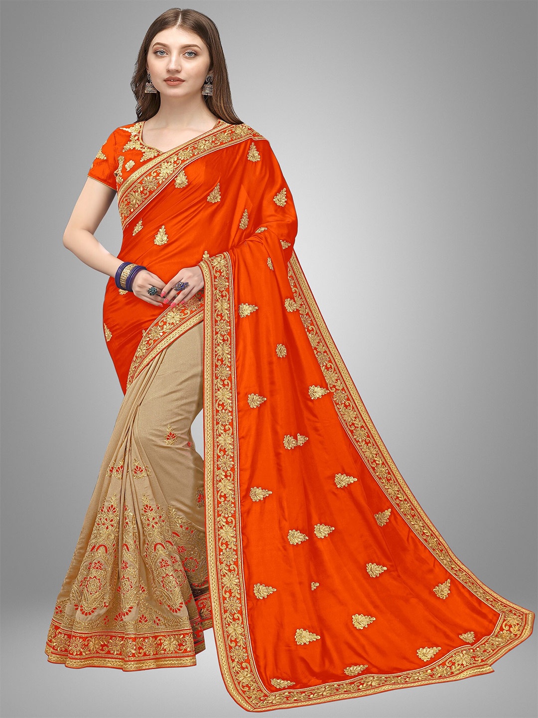 

Trendmalls Orange & Gold-Toned Floral Embroidered Pure Silk Mysore Silk Saree
