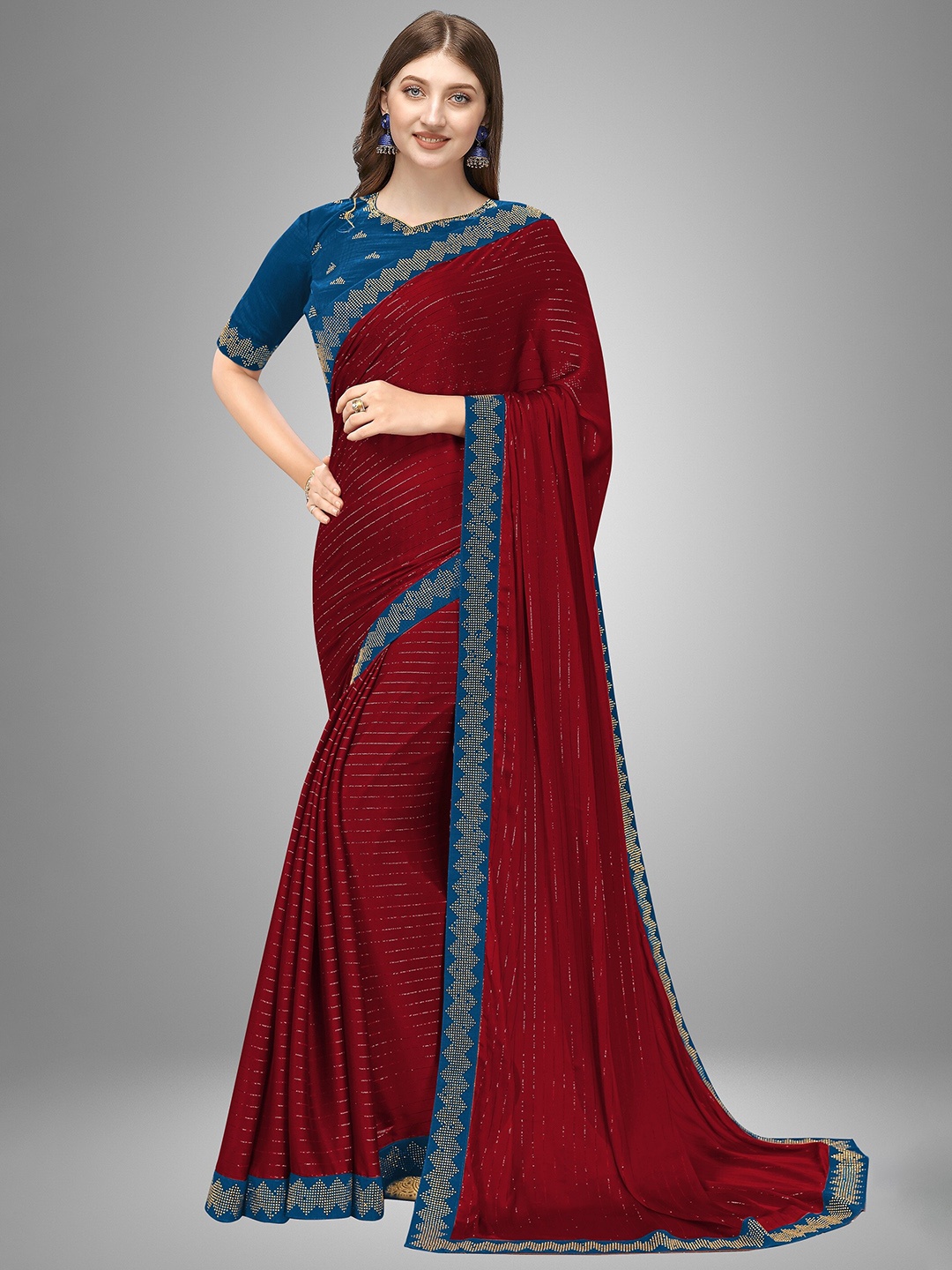

Trendmalls Maroon & Navy Blue Embroidery Pure Silk Saree