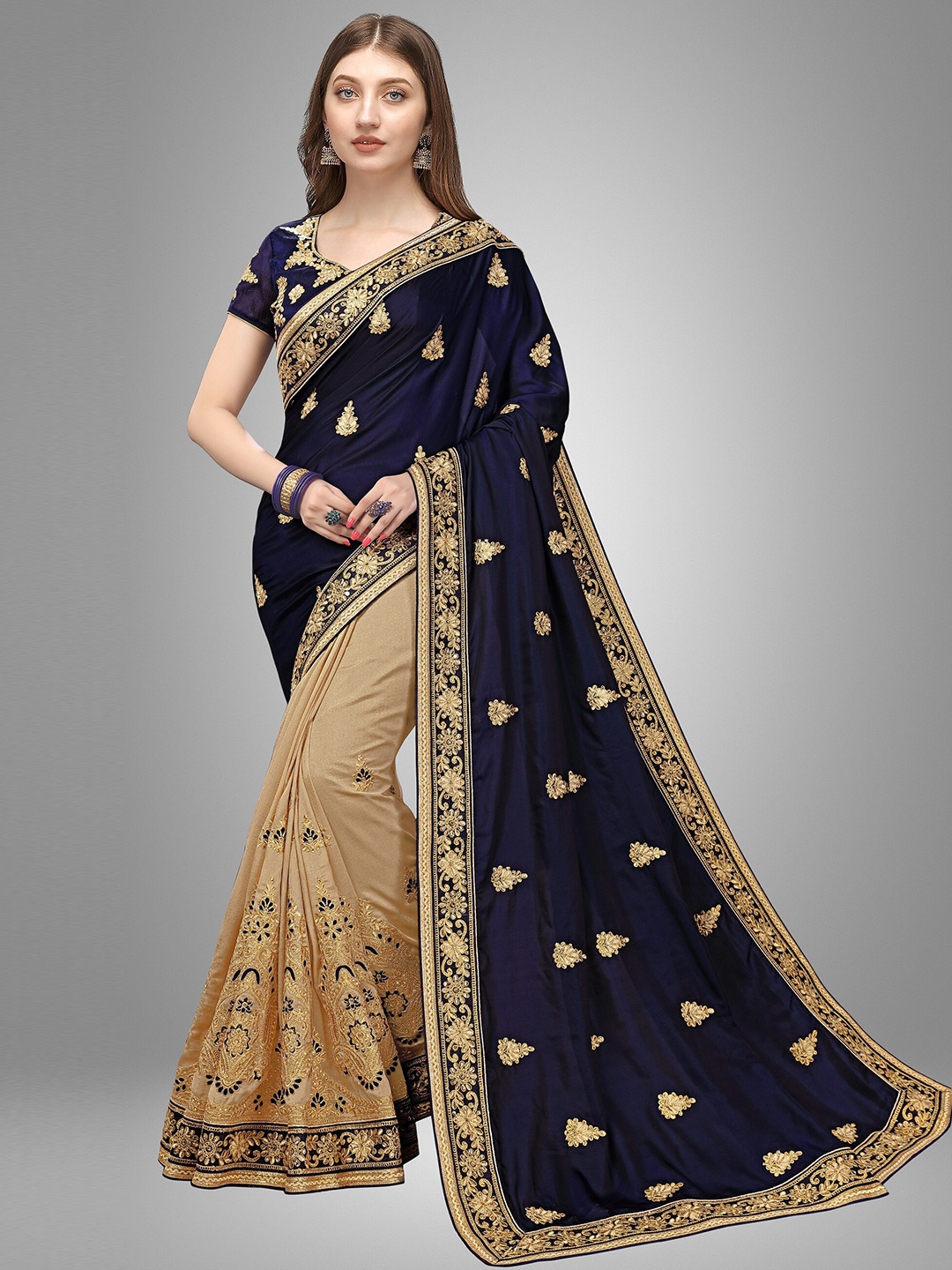 

Trendmalls Women Blue & Gold-Toned Ethnic Motifs Embroidered Pure Silk Mysore Silk Saree
