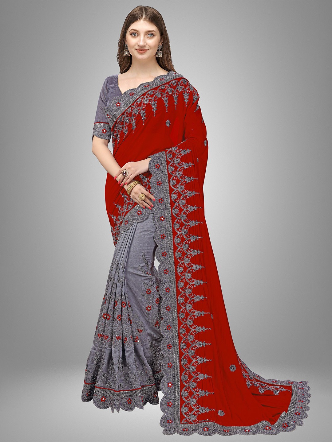 

Trendmalls Red & Grey Ethnic Motifs Embroidered Pure Silk Mysore Silk Saree
