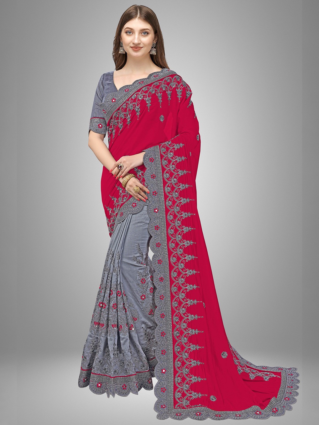 

Trendmalls Pink & Grey Floral Embroidered Pure Silk Mysore Silk Saree