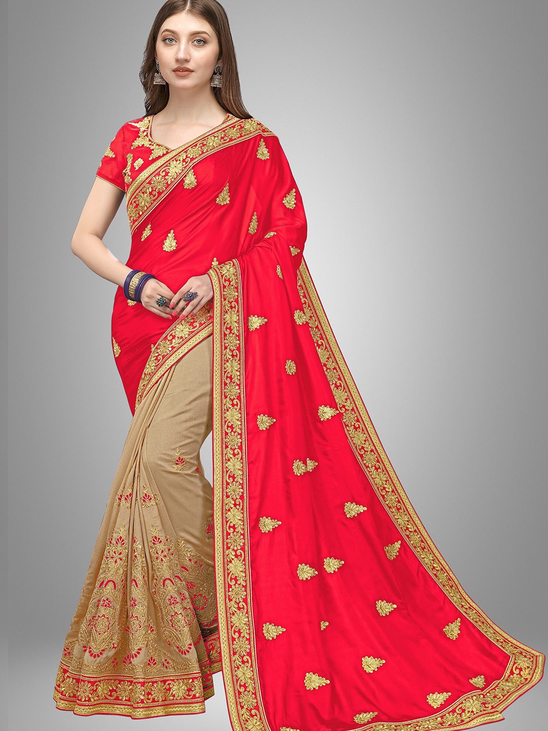 

Trendmalls Pink & Gold-Toned Floral Embroidered Pure Silk Mysore Silk Saree