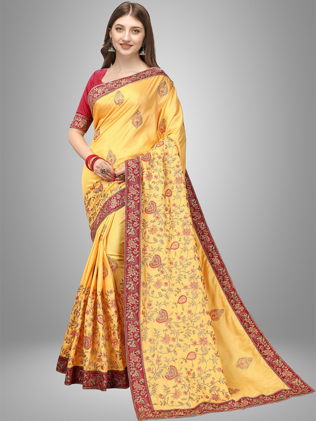 

Trendmalls Yellow & Red Floral Embroidered Satin Mysore Silk Saree