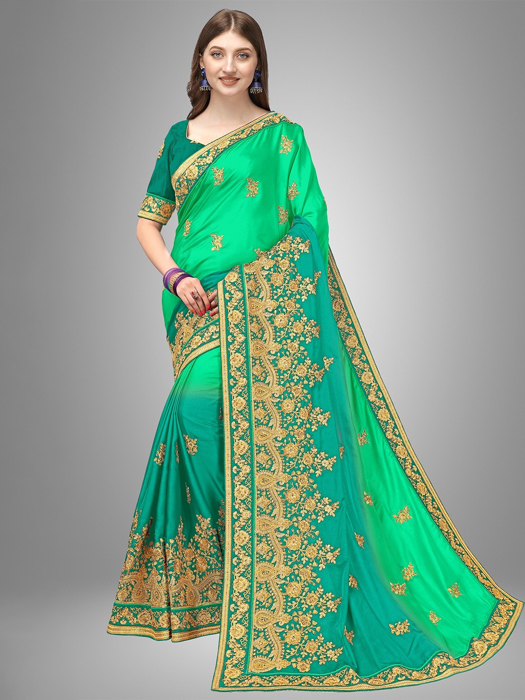 

Trendmalls Green & Gold-Toned Floral Embroidered Pure Silk Mysore Silk Saree