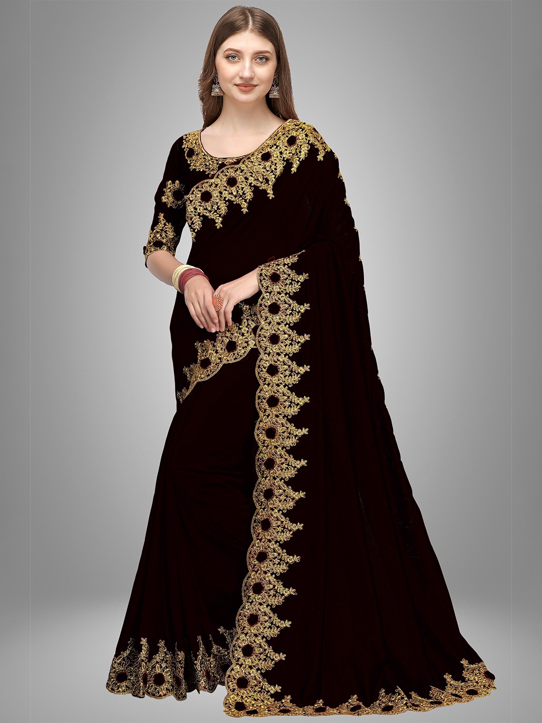 

Trendmalls Black & Gold-Toned Embroidered Satin Mysore Silk Saree