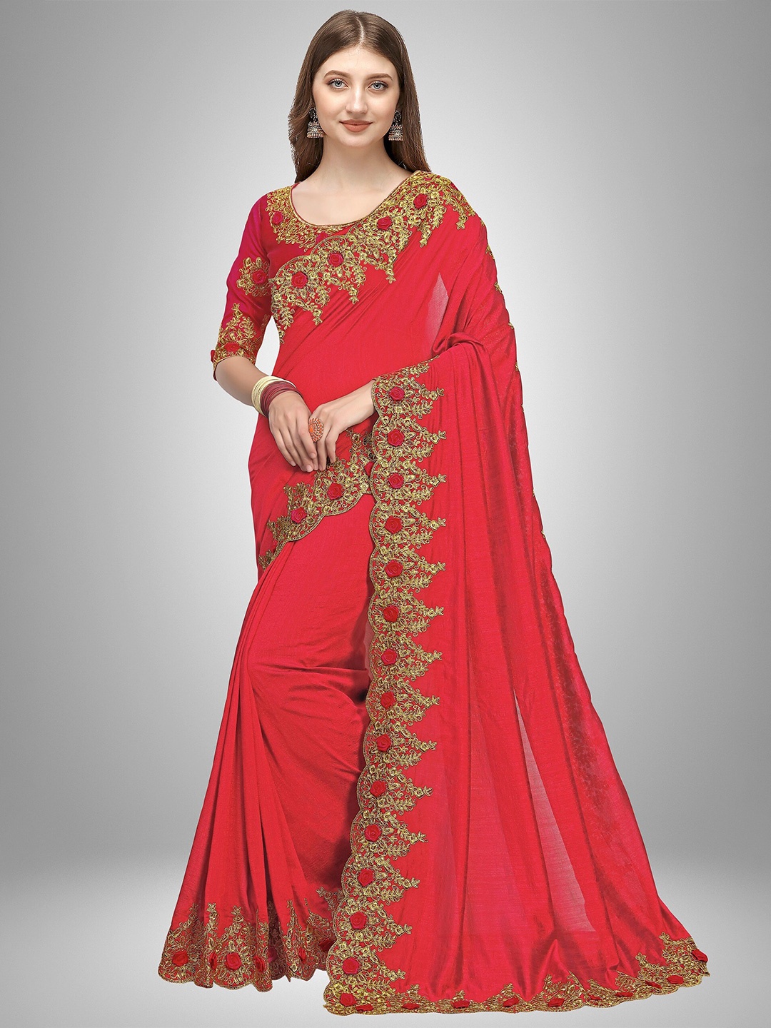 

Trendmalls Red & Gold-Toned Embroidered Satin Mysore Silk Saree