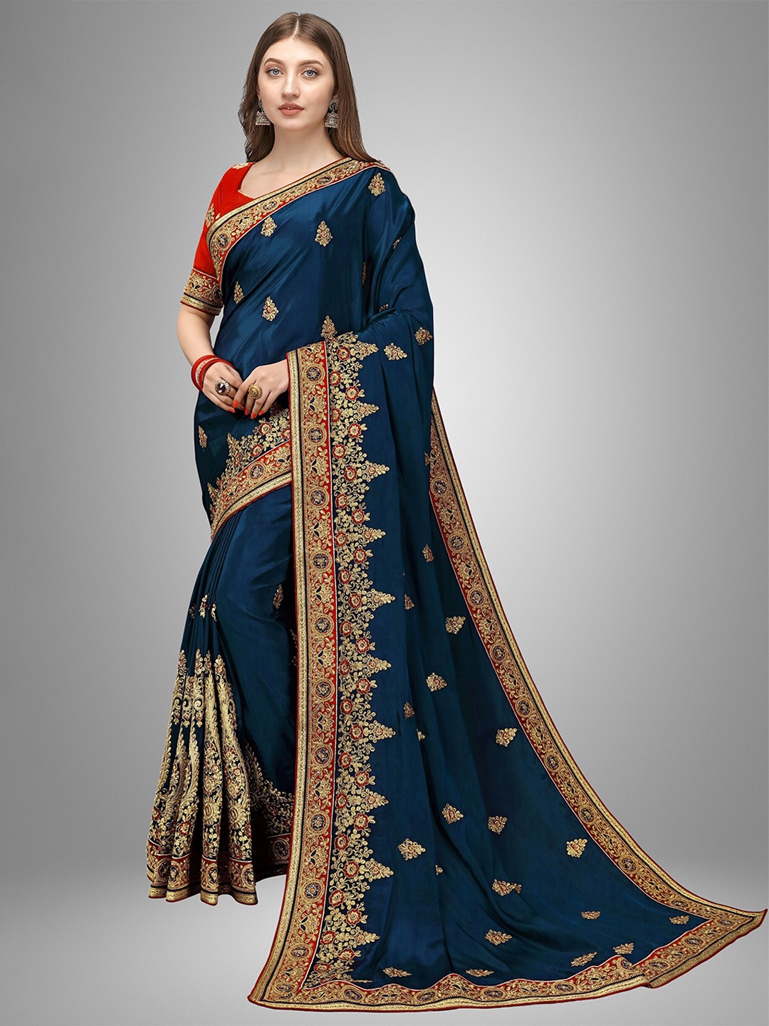 

Trendmalls Teal & Gold-Toned Ethnic Motifs Embroidered Pure Silk Mysore Silk Saree