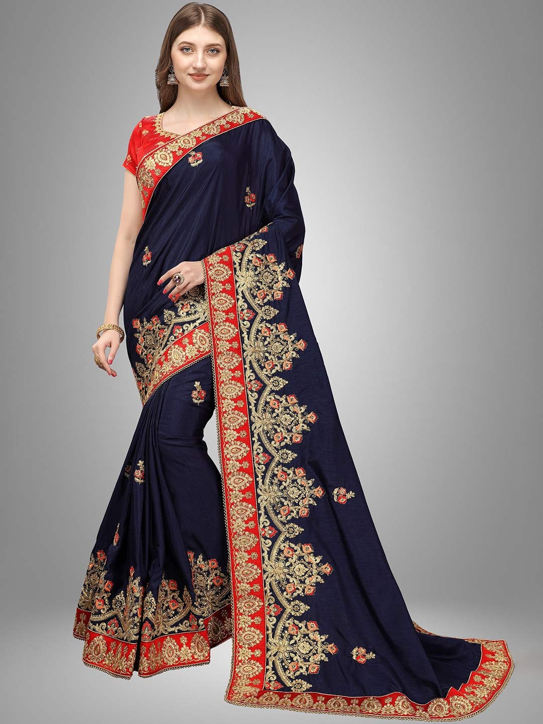 Trendmalls Blue & Red Floral Pure Silk Mysore Silk Saree
