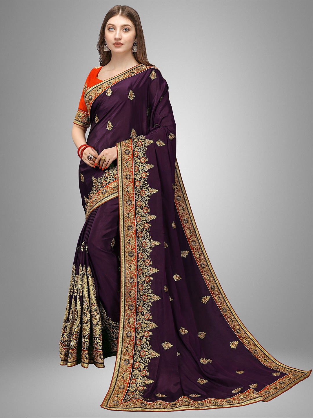 

Trendmalls Purple & Gold-Toned Ethnic Motifs Embroidered Pure Silk Mysore Silk Saree