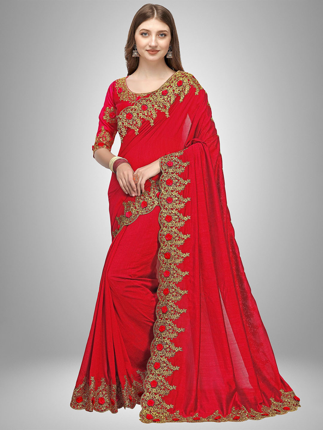 

Trendmalls Women Red & Gold-Toned Floral Embroidered Satin Mysore Silk Saree