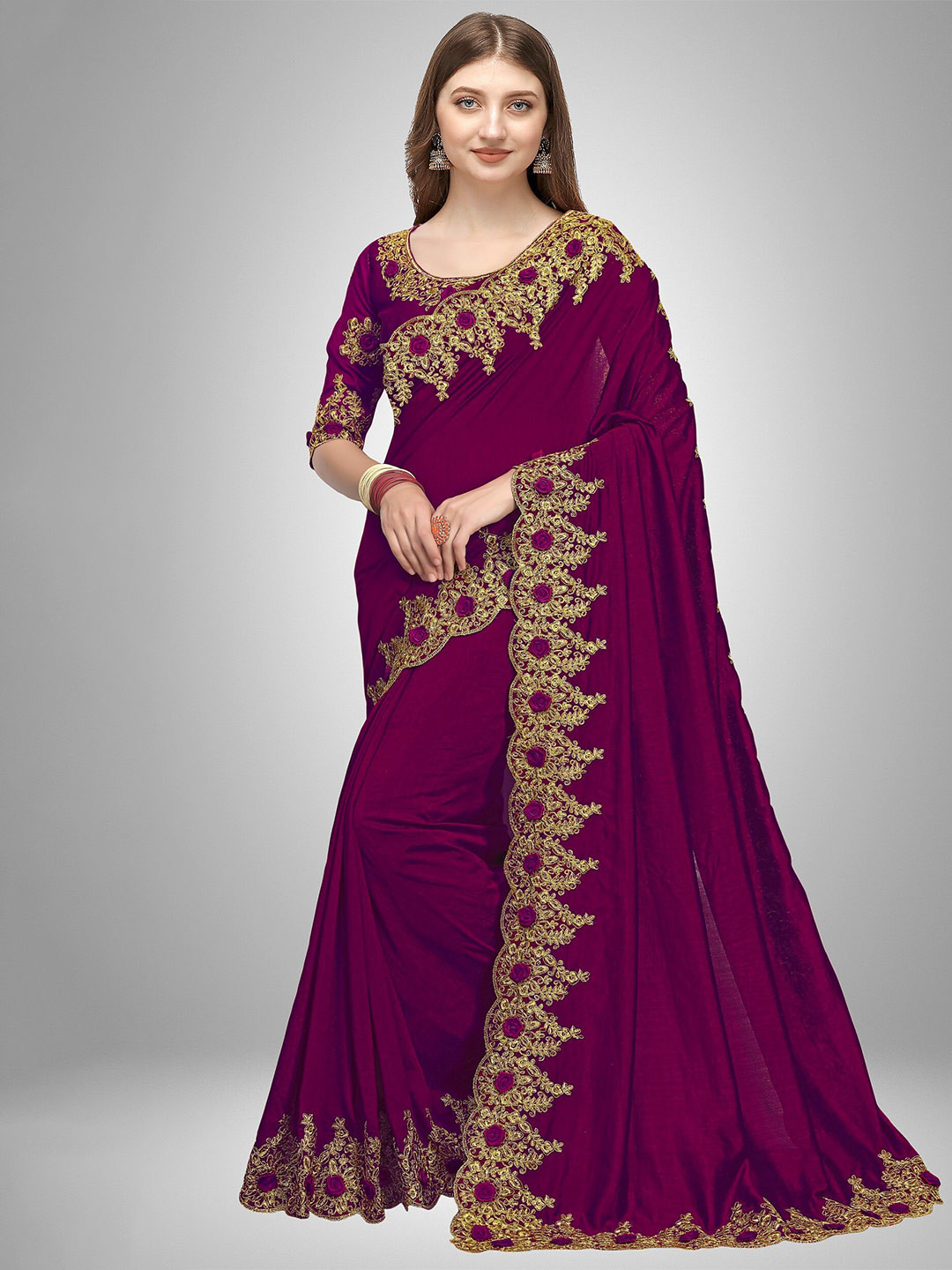 

Trendmalls Purple & Gold-Toned Embroidered Satin Mysore Silk Saree