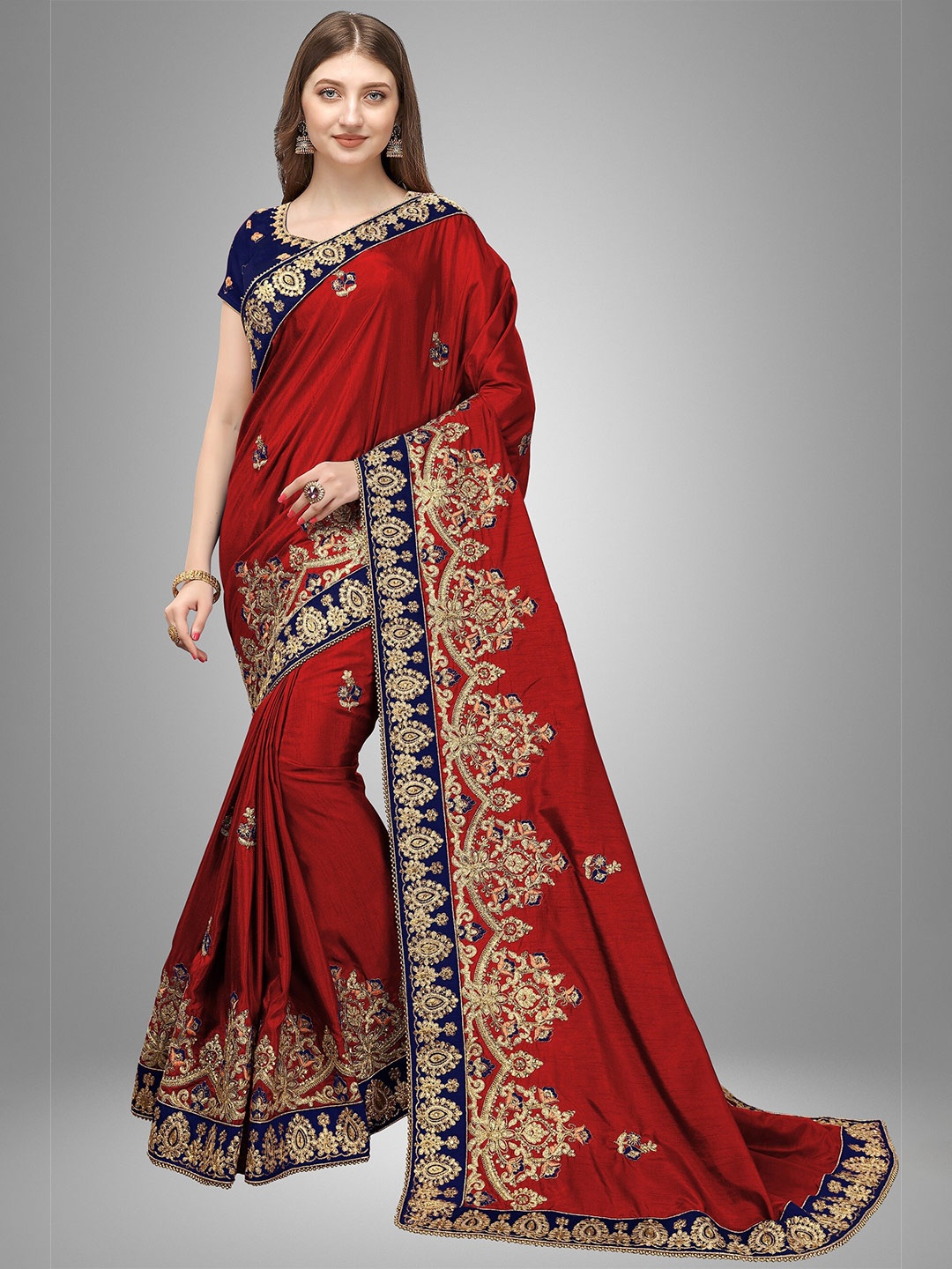 

Trendmalls Red & Gold-Toned Ethnic Motifs Embroidered Pure Silk Mysore Silk Saree