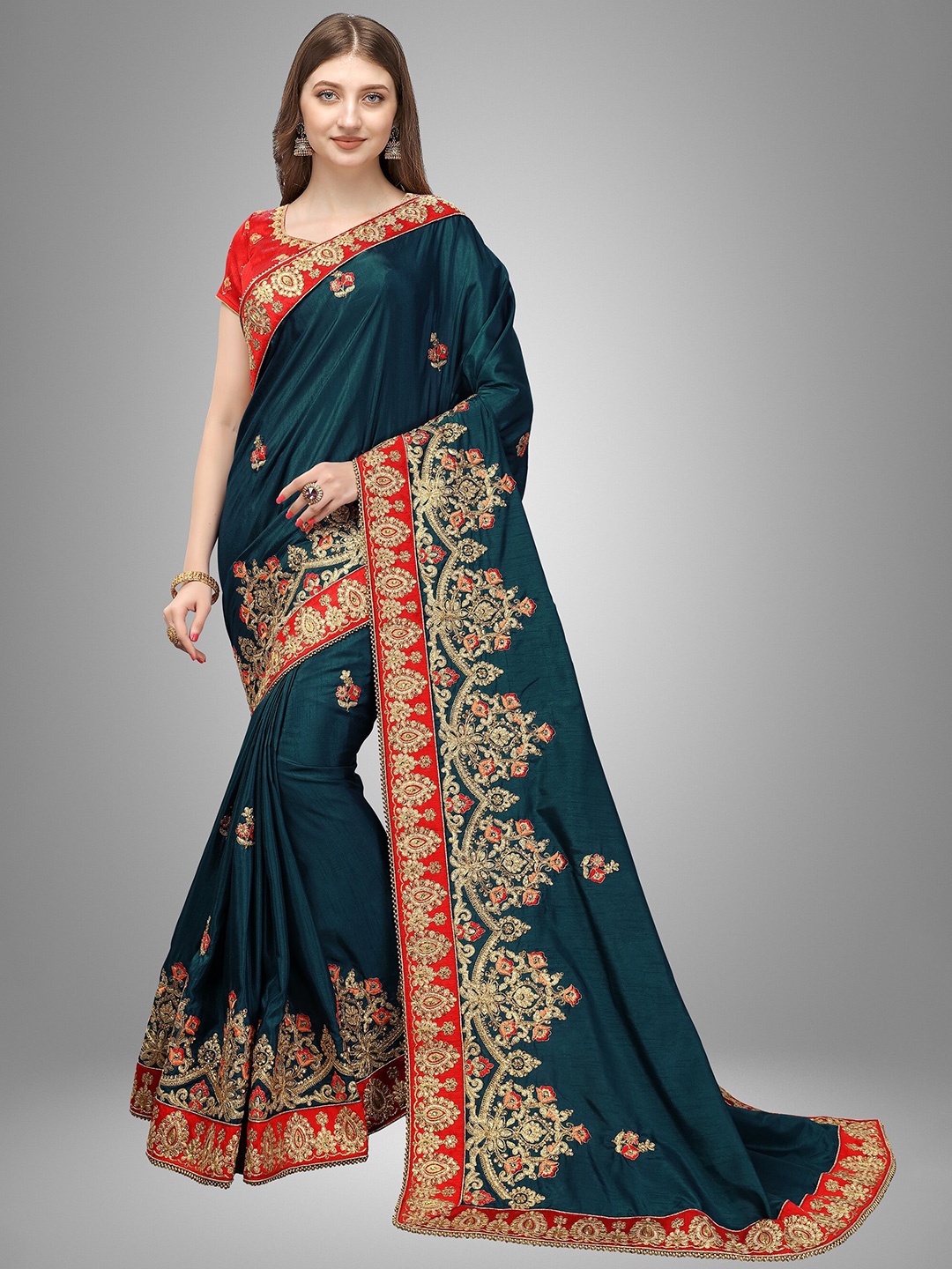 

Trendmalls Teal Green & Red Floral Pure Silk Saree